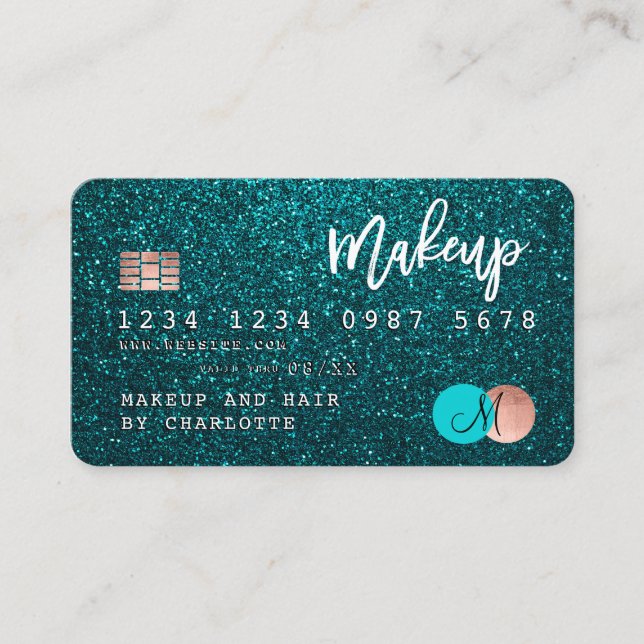 Kreditkarte Türkis Glitzer Make-up Haar Monogramm Visitenkarte (Vorderseite)