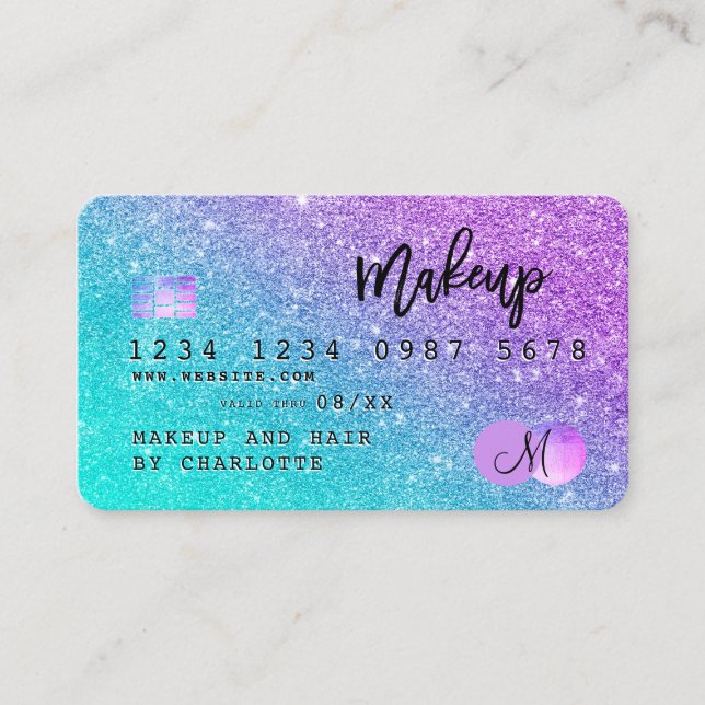 Kreditkartenhaar mermaid Glitzer Monogramm Visitenkarte (Vorderseite)