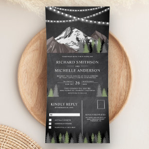 Kreidetafel-Bergwald-Lichterkette-Hochzeit Dreifach Gefaltete Einladung