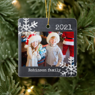 Kreidetafel-Foto Familie Weihnachten Schneeflocke Keramikornament