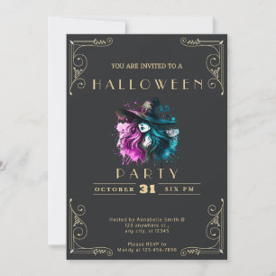Kreidetafel Schwarz & Gold Hexe Regenbogen Hallowe Einladung