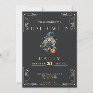 Kreidetafel Schwarz & Gold Hexen-Kürbis Halloween Einladung