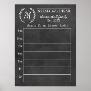 Kreidetafel Wöchentlicher Familien-Monogramm-Kalen Poster