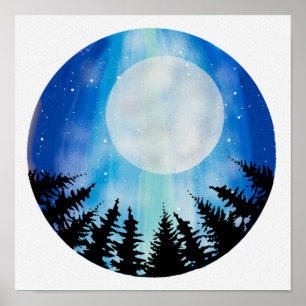 Kreis Abstrakt Nachthimmel Holz Vollmond Sterne Poster