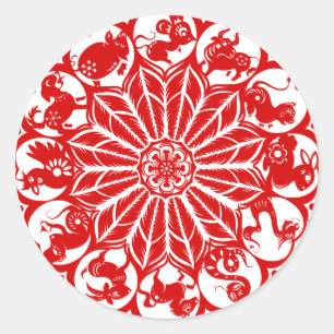 Kreis-chinesischer Tierkreis Papercut Runder Aufkleber