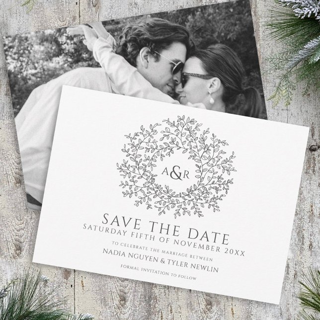 Kreis der Blätter, grau-weiße Foto Hochzeit Save The Date (Von Creator hochgeladen)