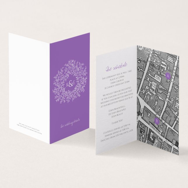Kreis der Blätter lila Hochzeitskarte und Einzelhe (Innenseite und Außenseite)