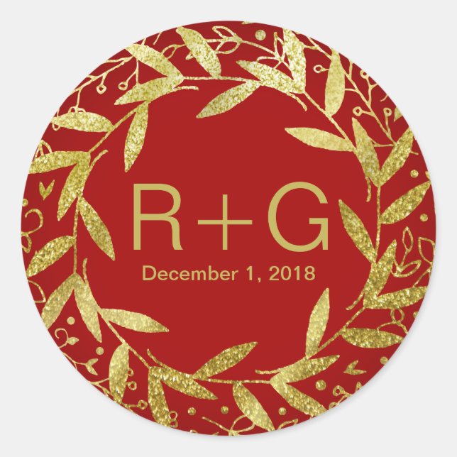 Kreis der Blätter Wreath Gold Glitzer | rot Runder Aufkleber (Vorderseite)