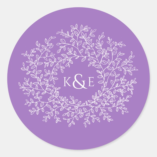 Kreis der weißen Blätter Hochzeit lila Monogramm Runder Aufkleber (Vorderseite)