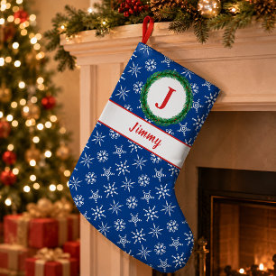 Kreis-Monogramm Ihr Name Blau & Weiße Schneeflocke Kleiner Weihnachtsstrumpf