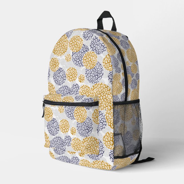 Kreise mit gelber und blauer Leopardenfarbe Bedruckter Rucksack (Rückseitige Ecke Rechts)