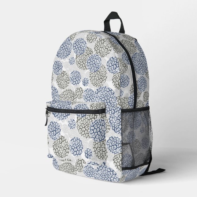 Kreise mit grauem und blauem Leopardendruck Bedruckter Rucksack (Rückseitige Ecke Rechts)