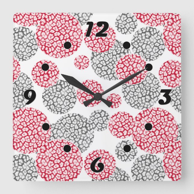 Kreise mit grauem und rotem Leopardenprint Quadratische Wanduhr (Vorderseite)