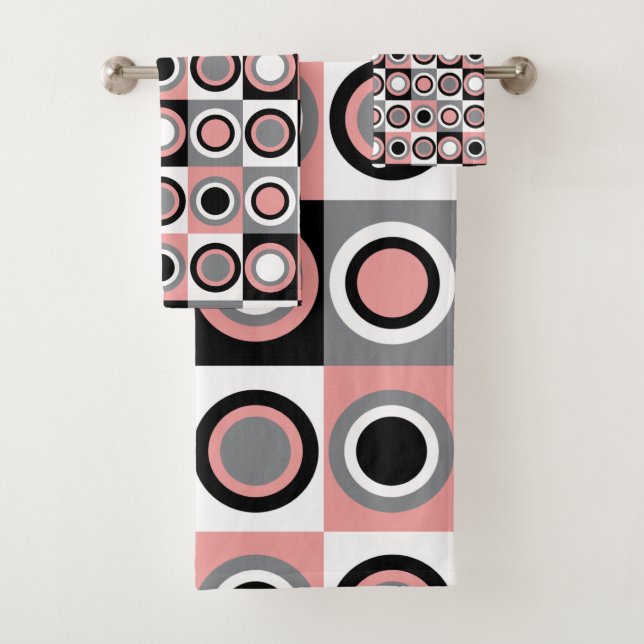 Kreise Pink Grau Weiße Retro Muster Badhandtuch Set (Insitu)