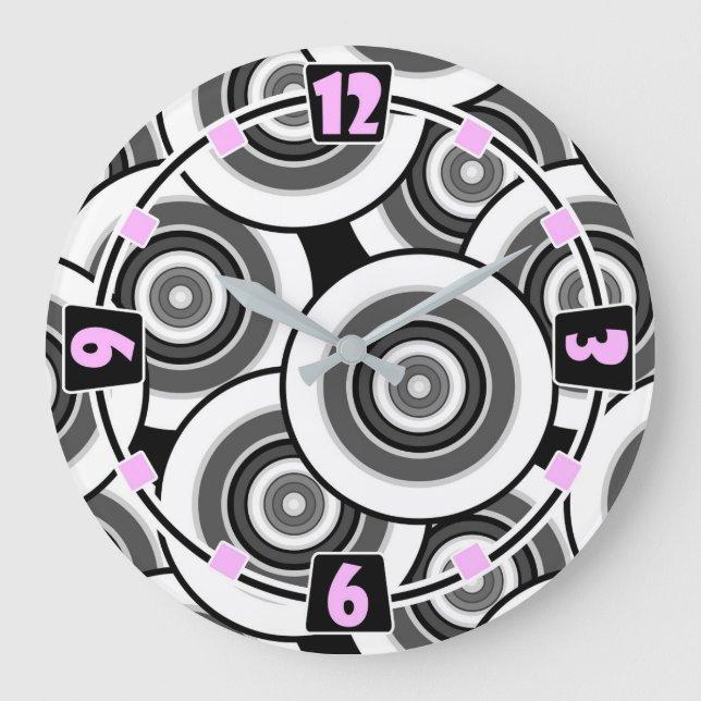 Kreise und Ringe geometrische schwarz-weiße Patter Große Wanduhr (Vorderseite)