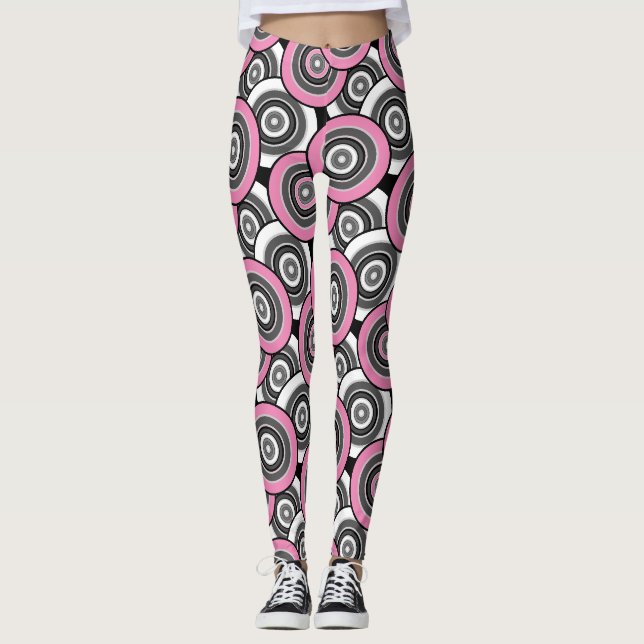 Kreise und Ringe geometrische schwarz-weiße Patter Leggings (Vorderseite)