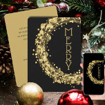 Kreise und Sterne auf Black Christmas Non-Foto Feiertagskarte<br><div class="desc">Kreise und goldene Sterne und Punkte auf einem schwarzen Hintergrund umgeben das Wort "MERRY" oder Ihre Nachricht auf der Vorderseite und Ihre Namen und Gruß auf der Rückseite. JEDE Farbe von Schriftart und Schriftart. **Fügen Sie ein Foto auf der Rückseite zusammen mit Ihrem personalisierten Gruß hinzu. Wählen Sie Matte für...</div>