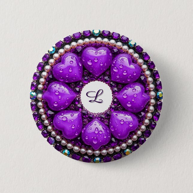 Kreisrunder lila Schmuck-Brosche mit Herz Button (Vorderseite)