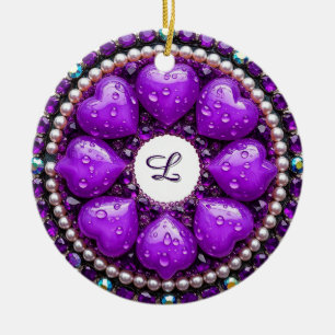 Kreisrunder lila Schmuck-Brosche mit Herz Keramik Ornament