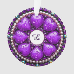 Kreisrunder lila Schmuck-Brosche mit Herz Ornament