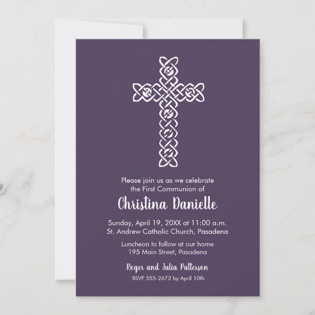 Kreuz auf Eggplant Lila Erste Kommunen Einladungen (Vorderseite)