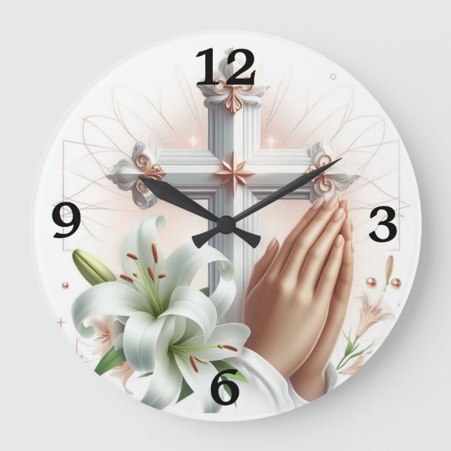 Kreuz, Gebet-Hände und Lilien Große Wanduhr (Vorderseite)