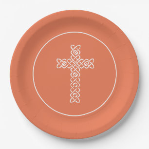 Kreuz   Helle Pfirsichkommunion Taufe Christening Pappteller