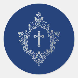 Kreuz im Wappen königsblau falsches Silber religiö Runder Aufkleber