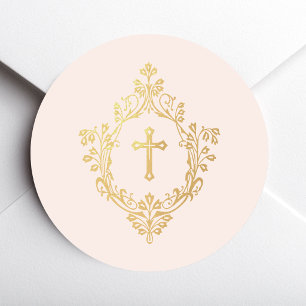 Kreuz im Wappen Rosa Faux-Gold Vintage Religiös  Runder Aufkleber