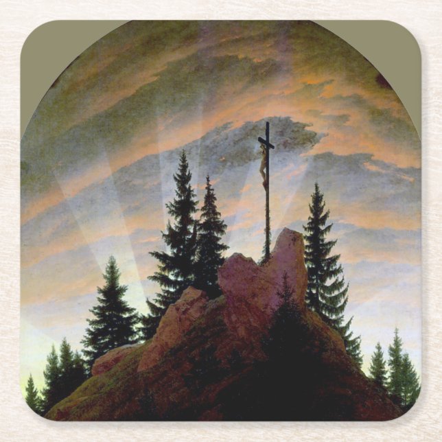 Kreuz in den Bergen, Friedrich Rechteckiger Pappuntersetzer (Vorderseite)