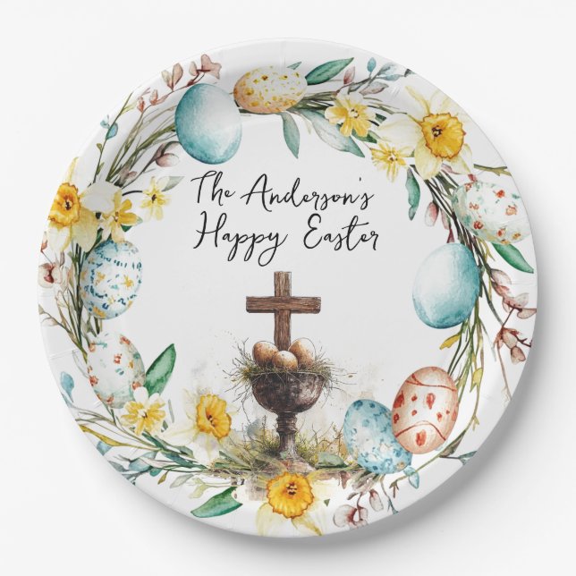 Kreuz mit dekorativen Eiern I Blumenoster Pappteller (Vorderseite)