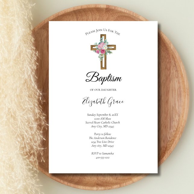Kreuz mit rosa Blume, die Taufe begehen Einladung (Wooden Cross with flowers Baptism Christening Invitation. Printed or Digital download)