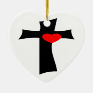 KREUZ MIT ROTEM HERZ KERAMIKORNAMENT