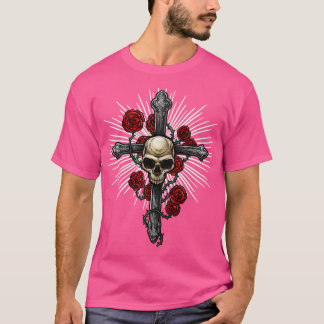 Kreuz mit Schädel und Rose T-Shirt