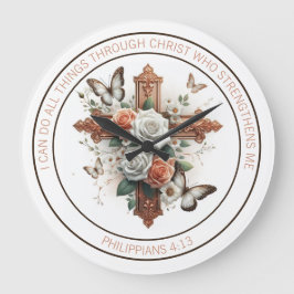 Kreuz, Rose, Schmetterlinge und Bibelversen Große Wanduhr