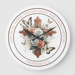 Kreuz, Rose, Schmetterlinge und Bibelversen Große Wanduhr