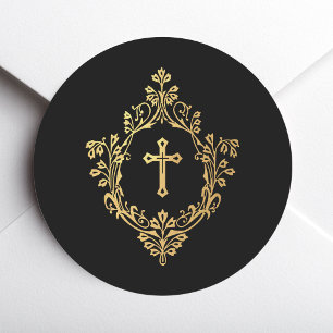 Kreuze in Wappen Schwarz Faux Gold Religiös Christ Runder Aufkleber