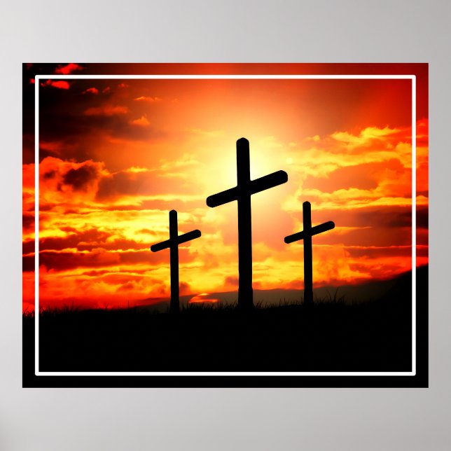 Kreuze, Silhouetten mit Sonnenuntergang Poster (Vorne)