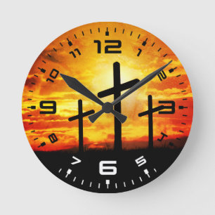 Kreuze, Sonnenuntergang Silhouetten Malerei-67137 Runde Wanduhr