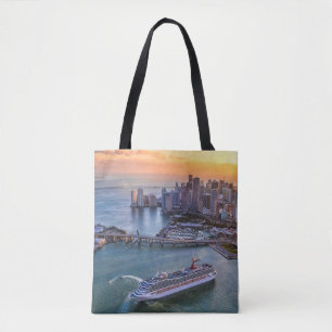 Kreuzfahrtschiff und Küsten-Skyline von Miami bei Tasche