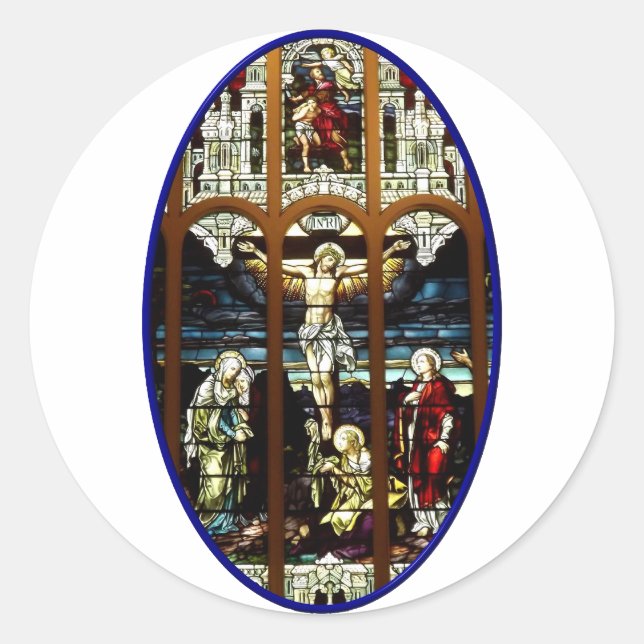 Kreuzigung des Jesus-Buntglasfensters Runder Aufkleber (Vorderseite)