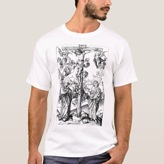 Kreuzigung mit vier Engeln, mittelalterliche Gravu T-Shirt (Vorderseite)