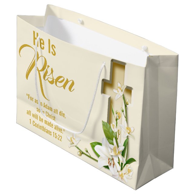 Kreuzlily-Osterschrift Große Geschenktüte (Vorderseite Schrägansicht)