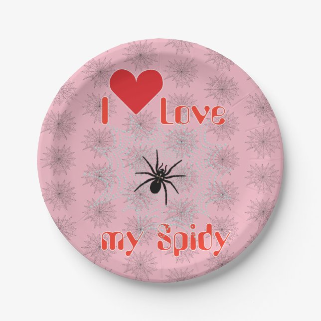 Kreuzspinne im Netz mit Tautropfen wie Perlen Pappteller (Vorderseite)