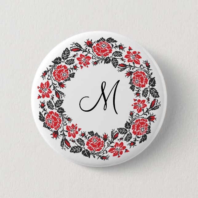 Kreuzstich-Rote Rosen Circle Monogram Button (Vorderseite)