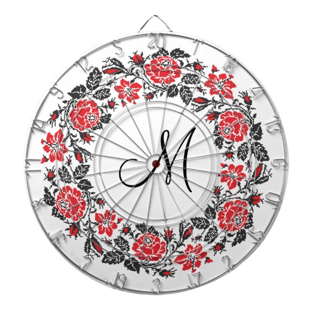 Kreuzstich-Rote Rosen Circle Monogram Dartscheibe (vorne)