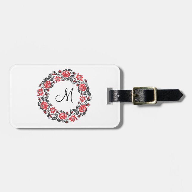 Kreuzstich-Rote Rosen Circle Monogram Gepäckanhänger (Vorderseite horizontal)