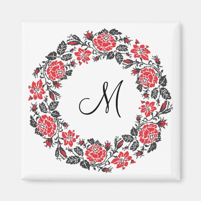 Kreuzstich-Rote Rosen Circle Monogram Magnet (Vorne)