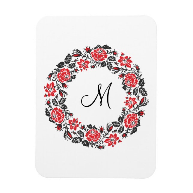 Kreuzstich-Rote Rosen Circle Monogram Magnet (Vertikal)