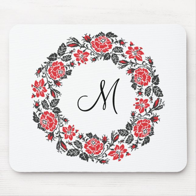 Kreuzstich-Rote Rosen Circle Monogram Mousepad (Vorne)